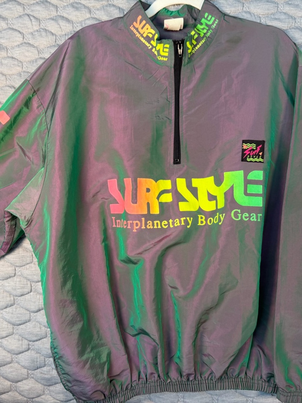 Vintage 90s Surf Style Interplanetary Body Gear Neon Green Graphic Windbreaker